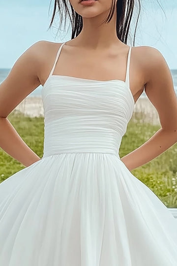 A-Line Spaghetti Straps Tulle Ruched Little White Graduation Dress